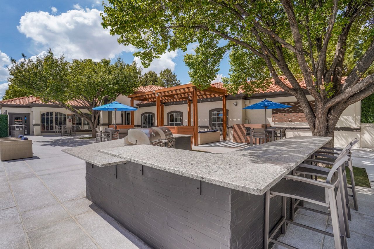 Outdoor community lounge with a granite bar, grills, and shaded seating under trees.
