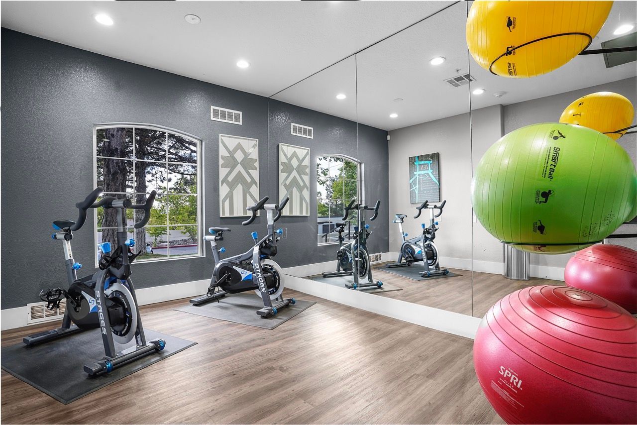 Indoor community gym with spin bikes, mirrors, and large exercise balls.