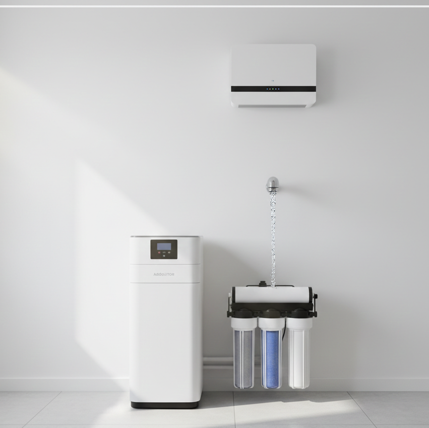 Sistema di filtraggio dell'acqua con componenti bianchi e acqua che scorre nei filtri.