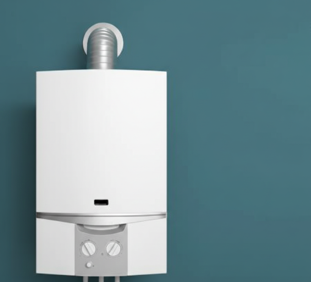 Caldaia a gas bianca montata a parete con sfiato contro una parete verde acqua.