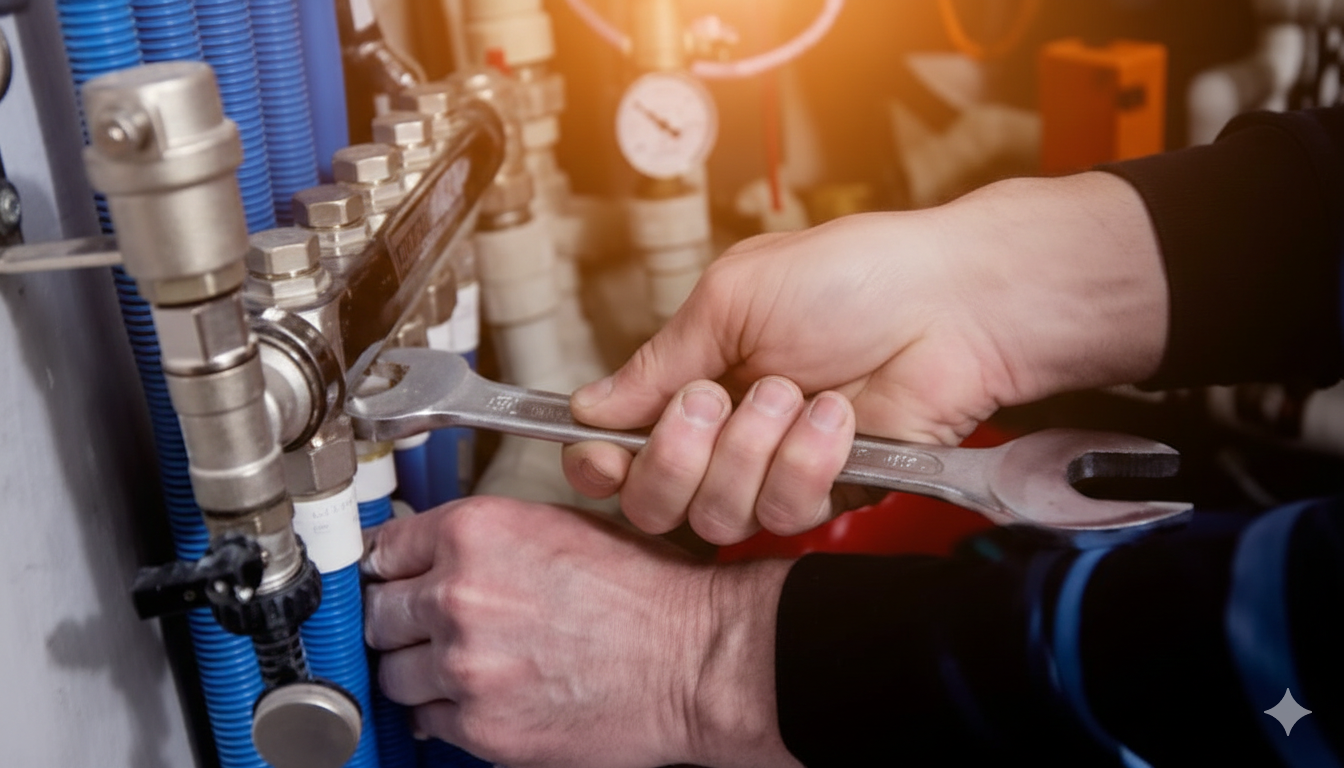 Idraulico che usa una chiave inglese per stringere un raccordo su un sistema di tubi blu. Primo piano.