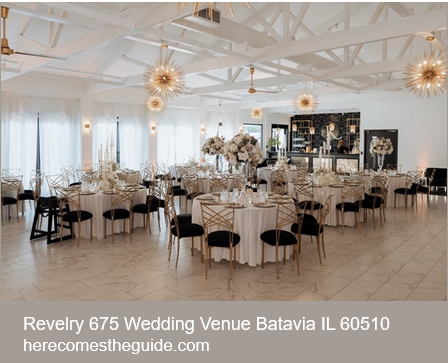 Bright, elegant wedding reception venue in Batavia, IL with round tables, gold chairs, and starburst chandeliers.