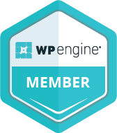 A blue and white badge that says wpengine member on it.