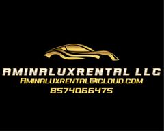 The logo for amina lux rental llc is a gold car on a black background.