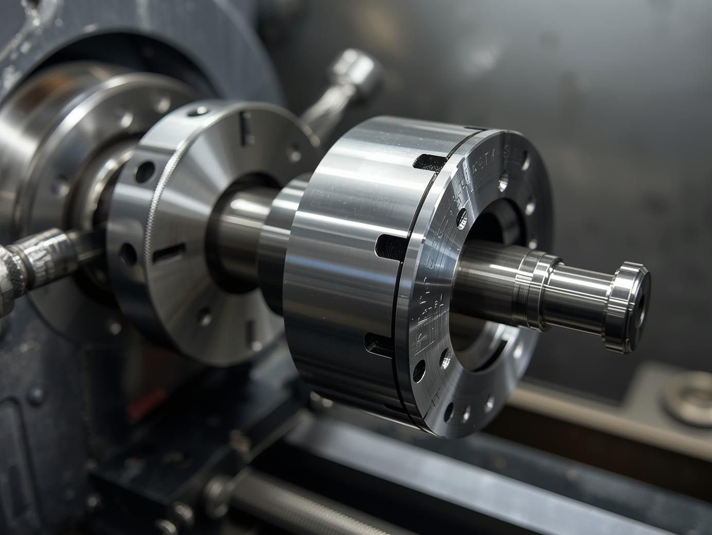 Lathe with a metal part attached, ready for machining.