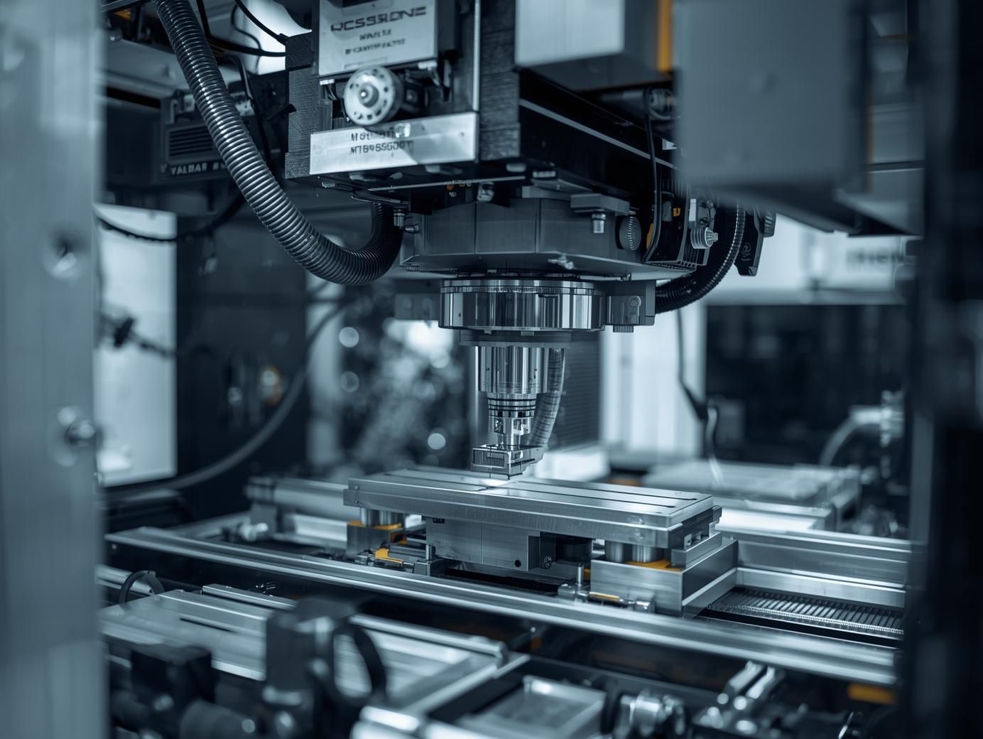 Automated CNC machine milling a metal part on a factory floor.