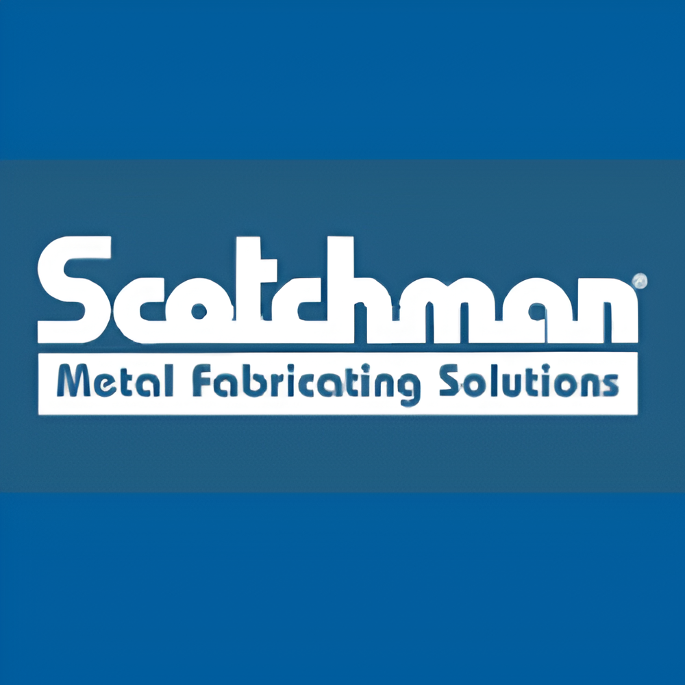 Scotchman logo on a blue background: white text of the brand name and slogan, "Metal Fabricating Solutions".