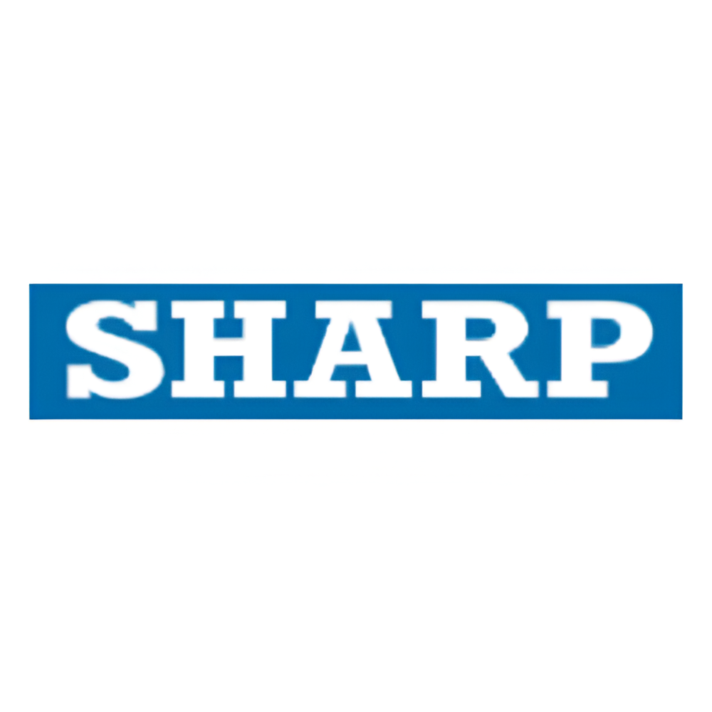 Sharp logo: white text on blue rectangle.
