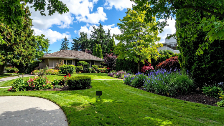 Lush suburban garden with a curved walkway, green lawn, flowering shrubs, and a house under a blue sky