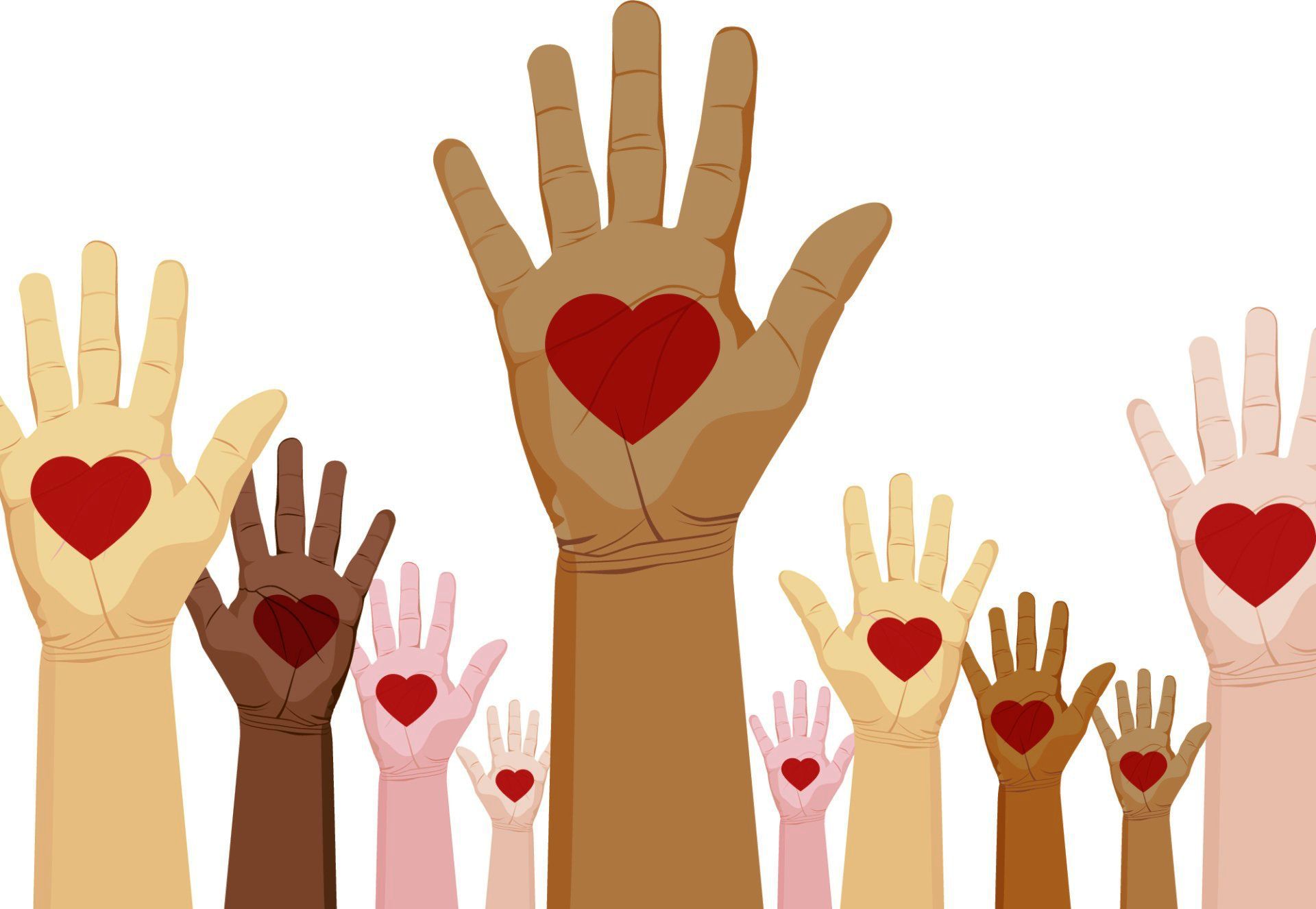 diverse colored hands raised in support of donating and lending a 
hand to marginalized communities 