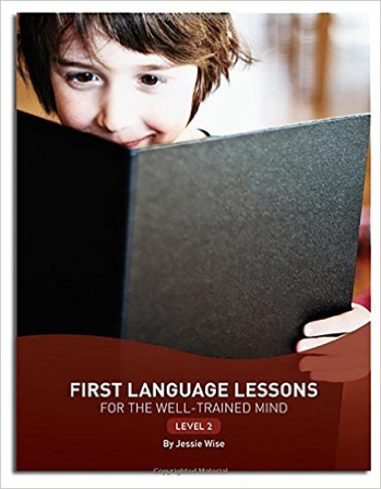 Child reading a black book titled “First Language Lessons for the Well-Trained Mind”