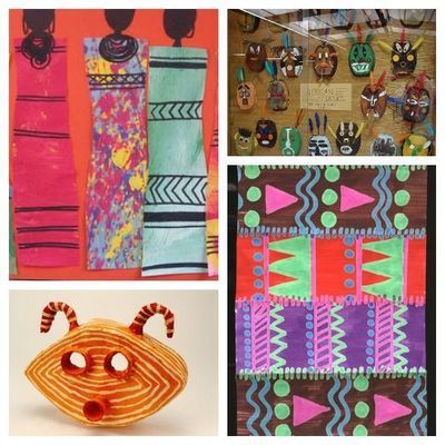 Colorful painted crafts: masks, patterned panels, and decorative artworks in bright pink, teal, and orange.