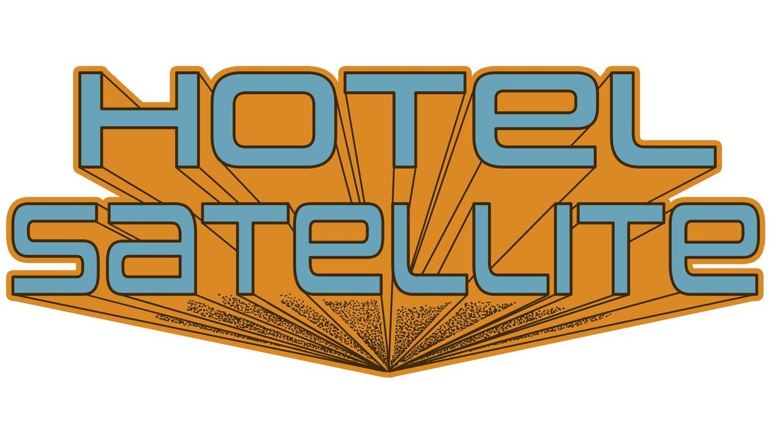 Hotel Satellite logo: Orange and blue text with a geometric starburst background.