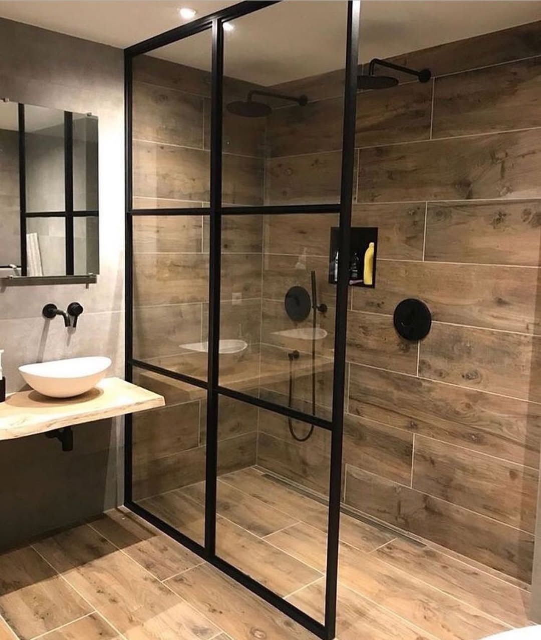 Modern Bathroom With a Black-Framed Shower and Wood-Look Tile — Seeto Tiling in Fingal Bay, NSW