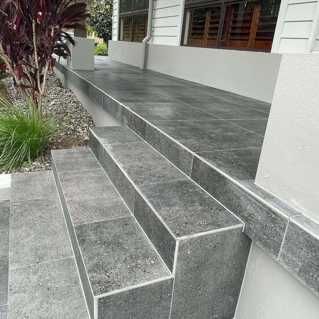 Stone Steps Leading Up to a Porch, With a Ramp Alongside; Grey, Modern Design — Seeto Tiling in Medowie, NSW