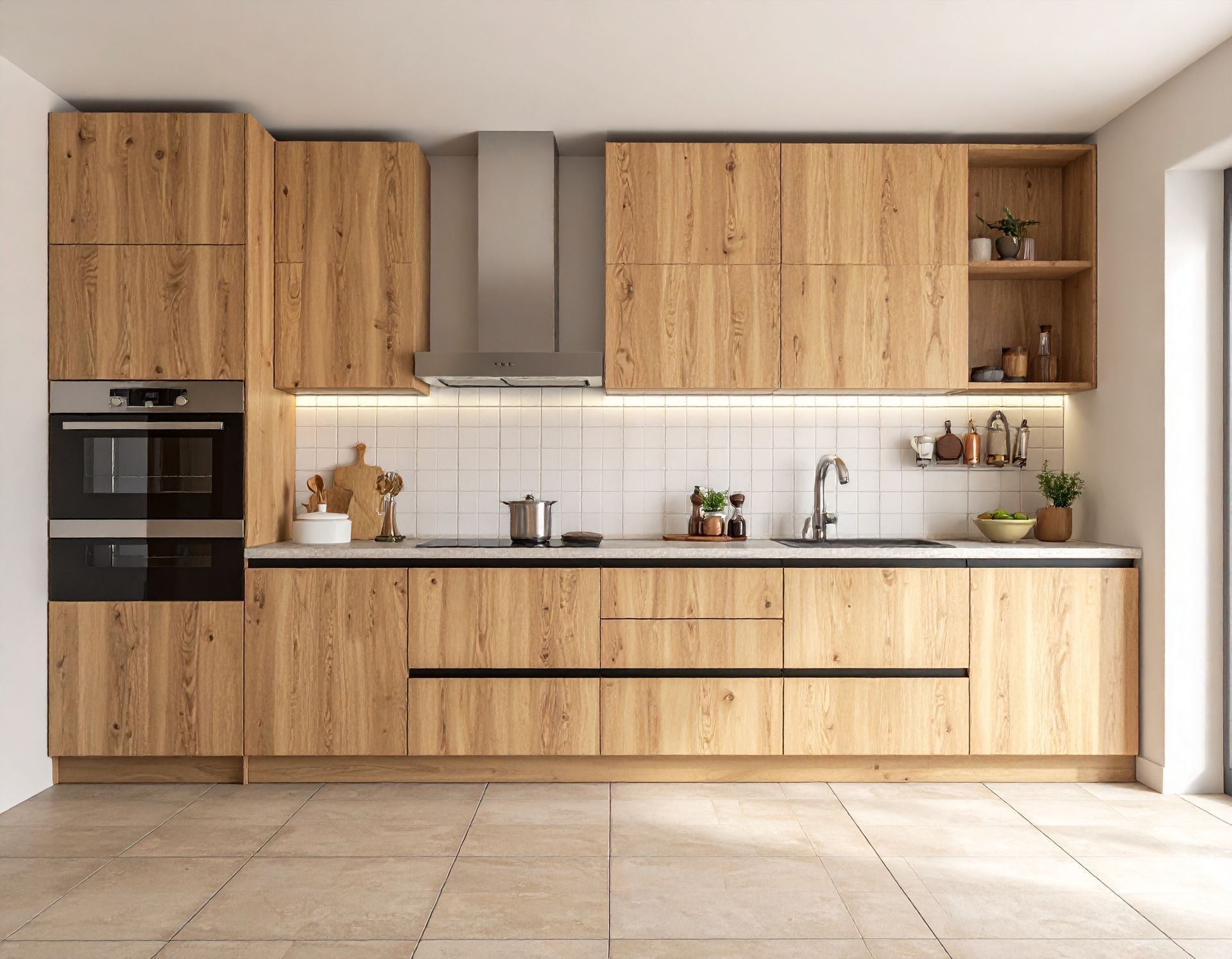 A beautifully designed light wooden kitchen with light surrounding it — Seeto Tiling in Fingal Bay, NSW
