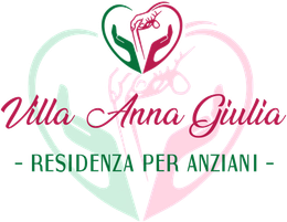 Logo di Villa Anna Giulia raffigurante un cuore stilizzato con due mani che avvolgono la mano di una persona, nei colori rosso e verde.