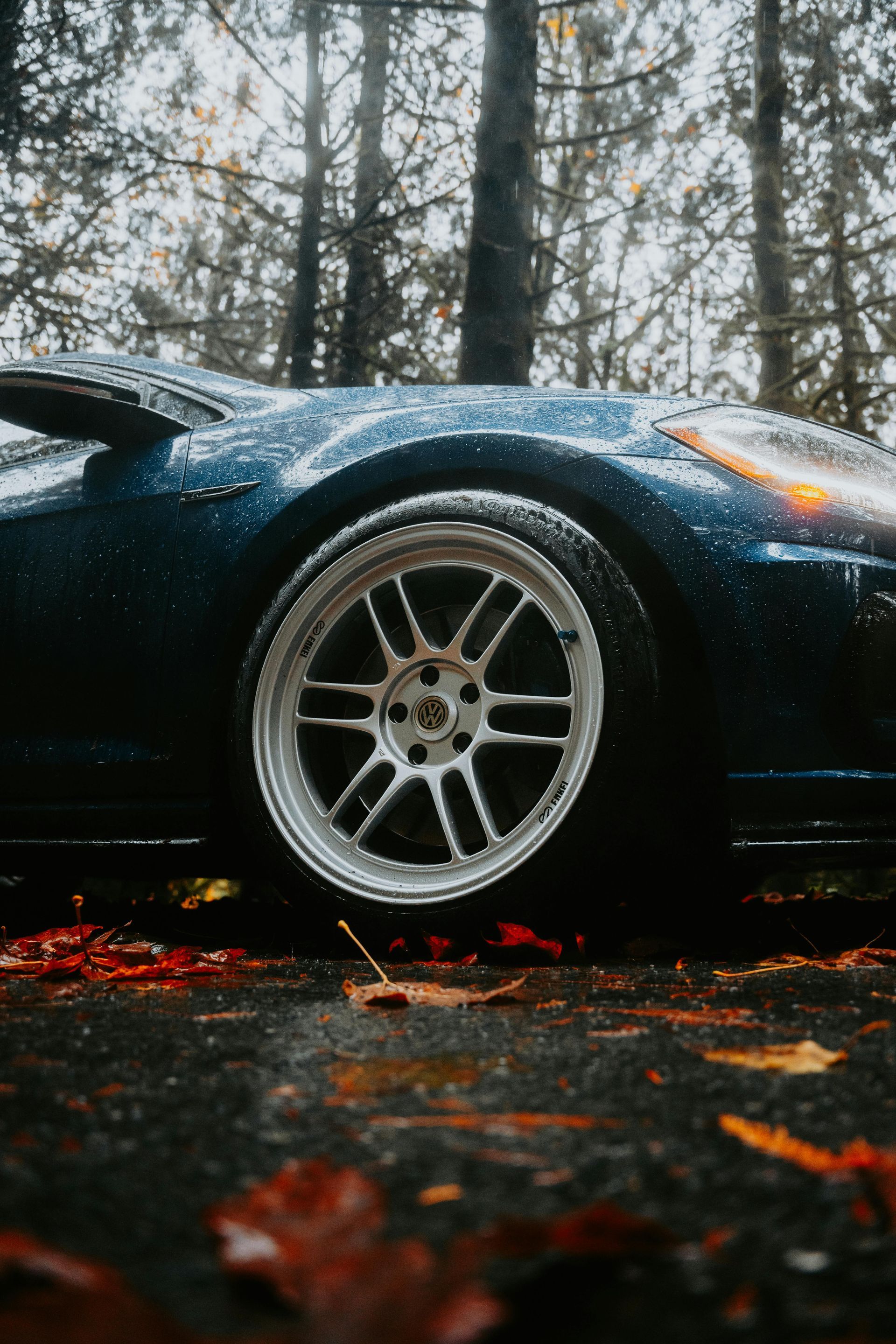 Blue sports car parked in a forest, rainy with red leaves and white wheels.