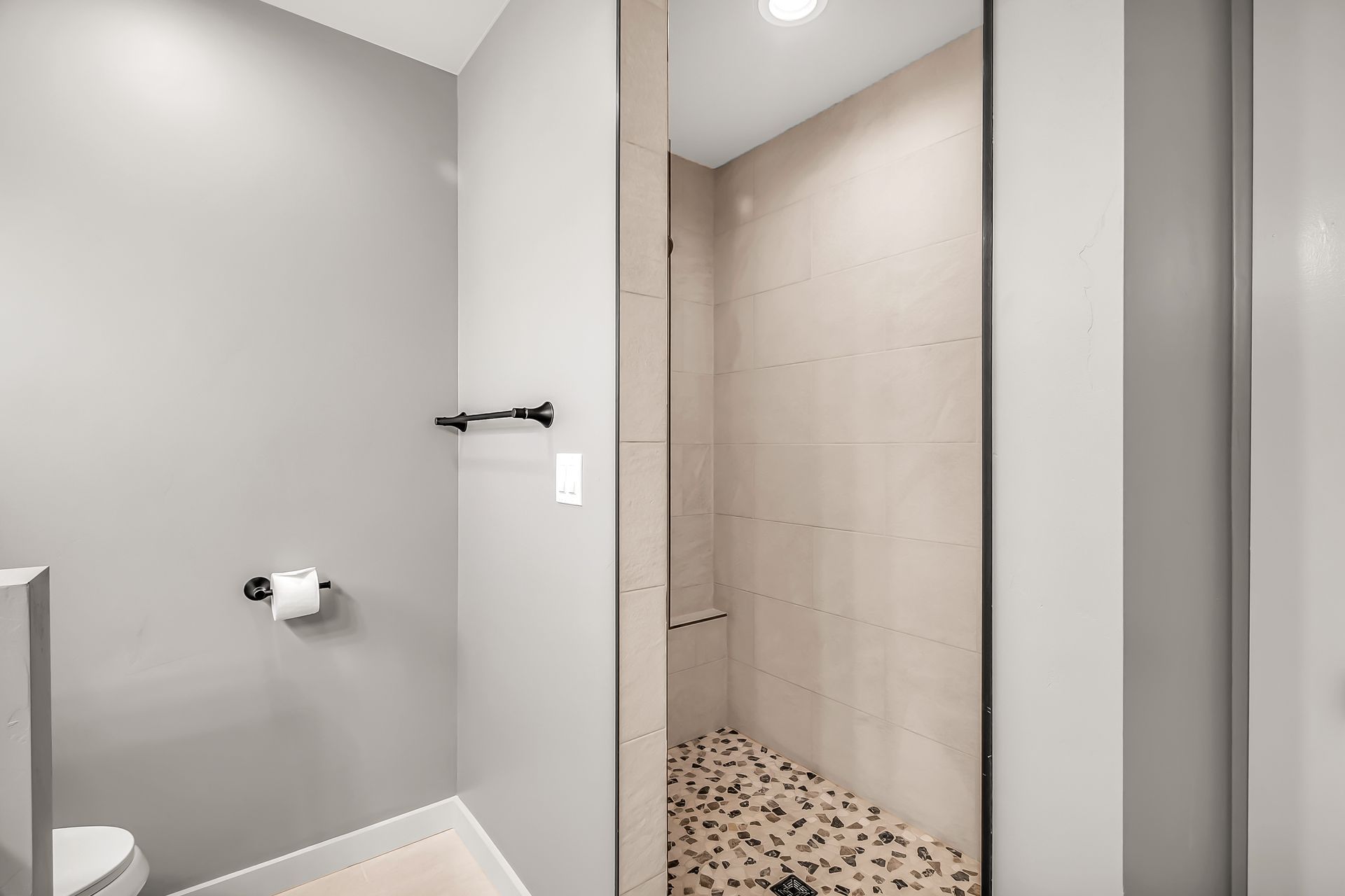 A bathroom with a toilet and a walk in shower.