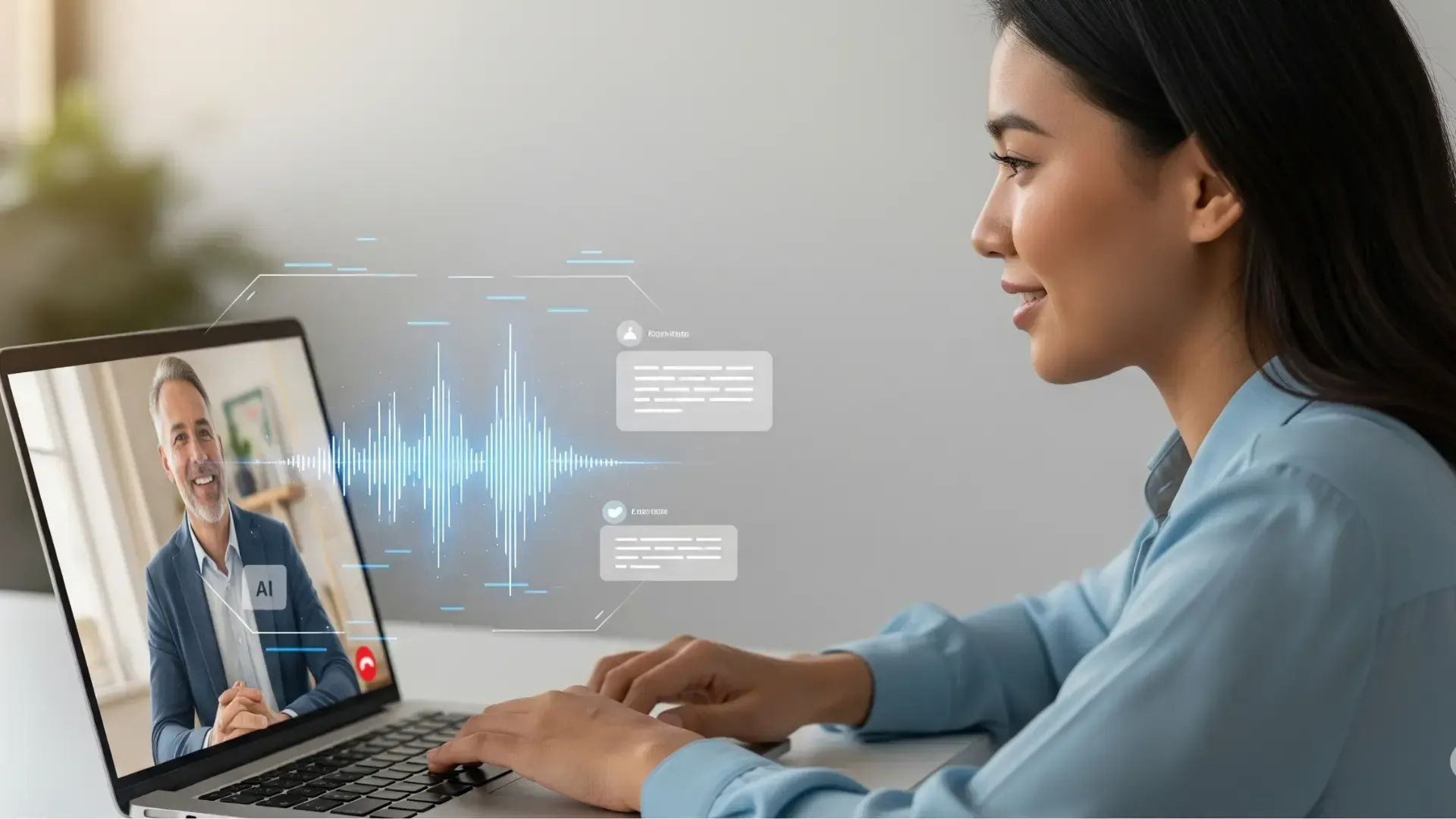 Profissional de vendas focado em uma reunião online enquanto a inteligência artificial do Fireflies.ai transcreve e organiza os pontos importantes da conversa.