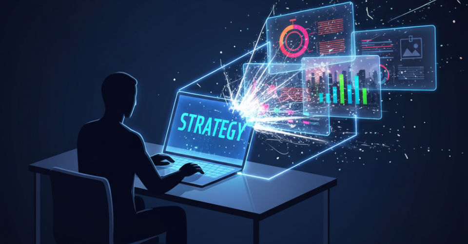 Ilustração digital em estilo neon (azul e rosa) de uma silhueta de pessoa trabalhando em um laptop. O ecrã exibe a palavra 'STRATEGY' e projeta no ar diversos painéis de dados, gráficos e dashboards.
