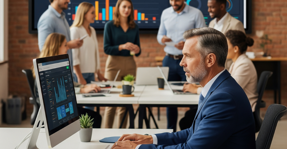 Empresário gerenciando equipe e tarefas com Notion AI