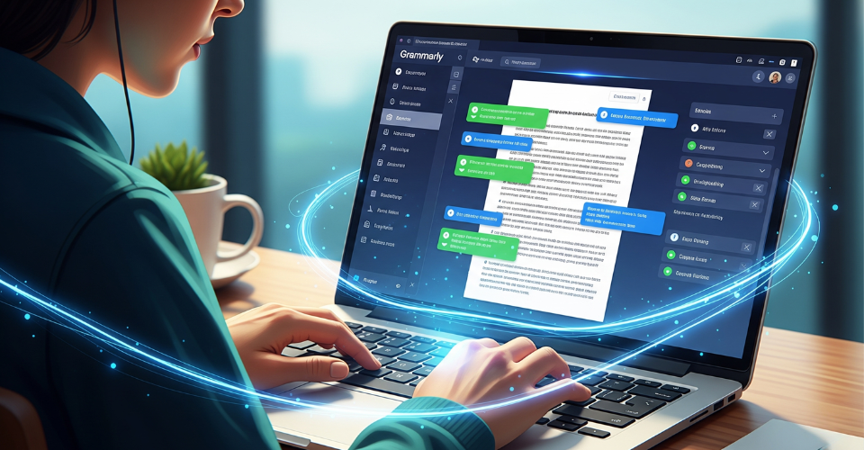Uma pessoa digitando em um laptop com a interface do Grammarly aberta, mostrando sugestões de correção e aprimoramento de texto, com efeitos visuais de luz azul indicando conexão e tecnologia.