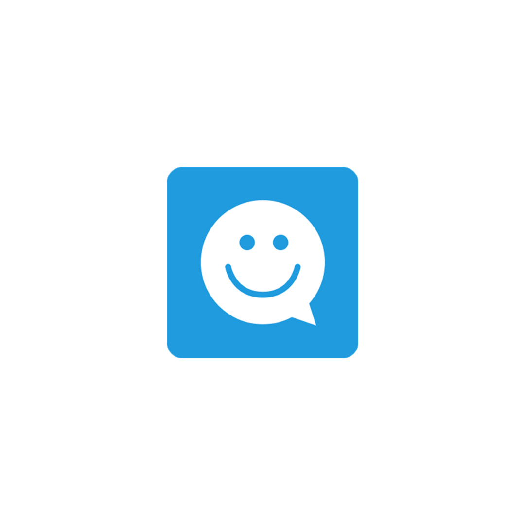 Um quadrado azul com uma carinha sorridente em um balão de fala.