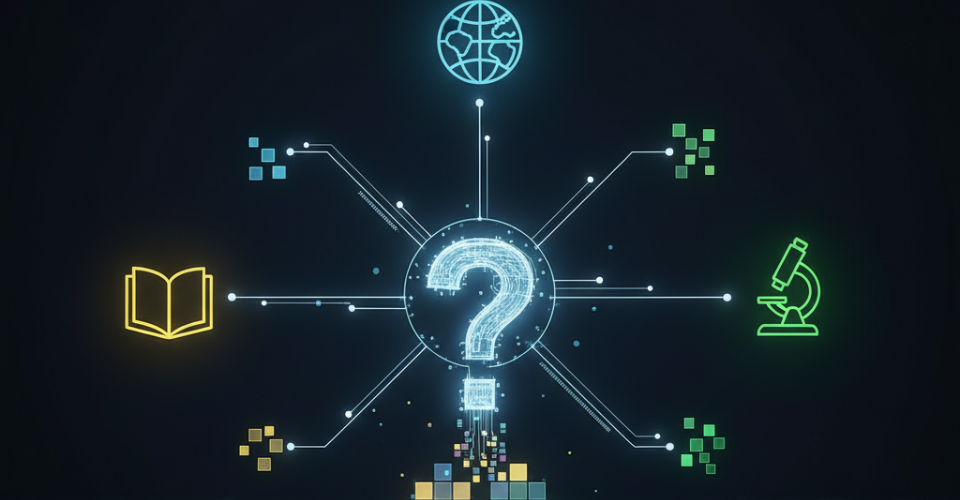Ilustração futurista do motor de busca Perplexity AI, mostrando uma resposta concisa com citações destacadas em uma interface limpa.