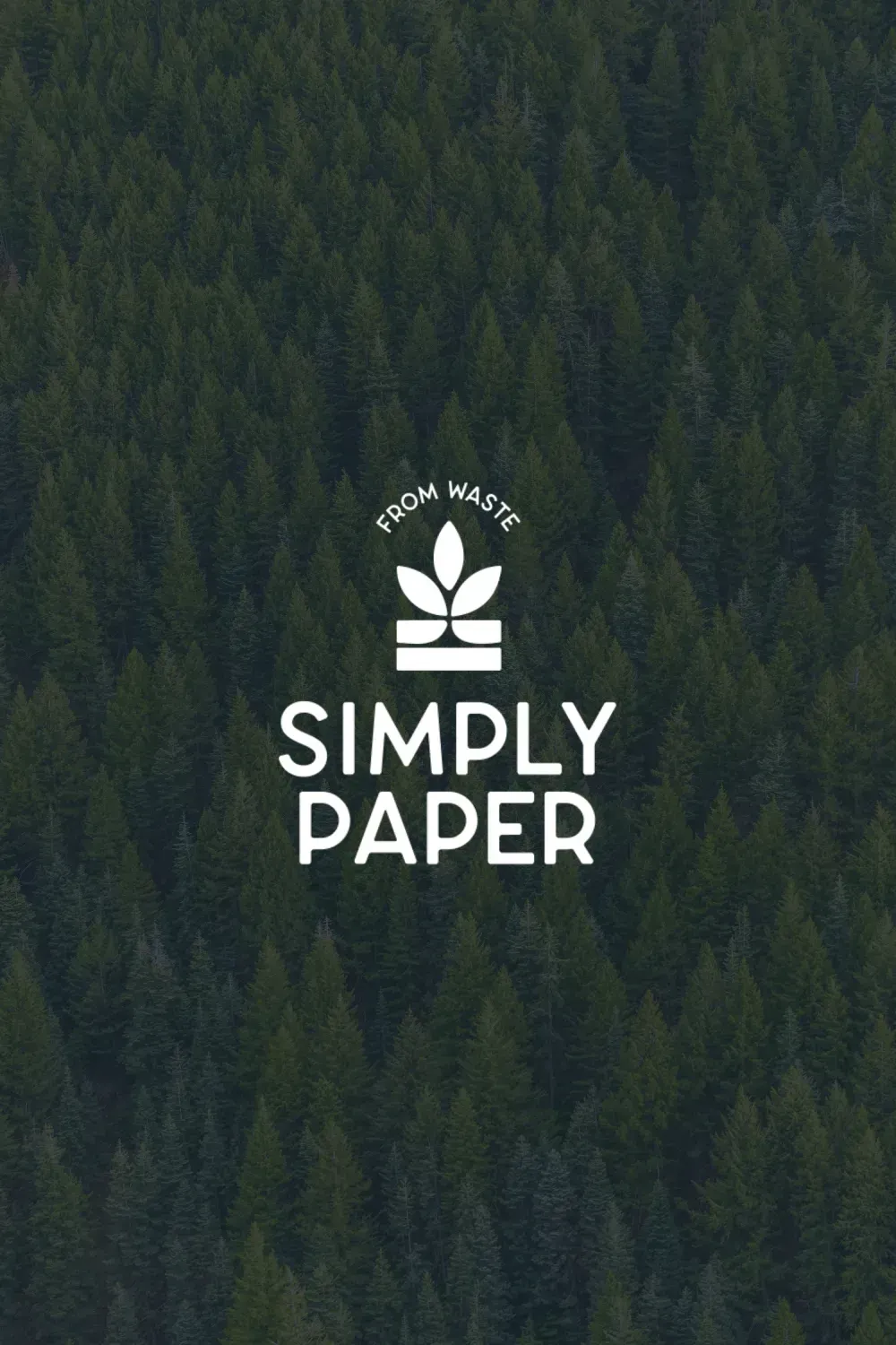 Simply Paper logo with a tree icon on a backdrop of evergreen trees; text: