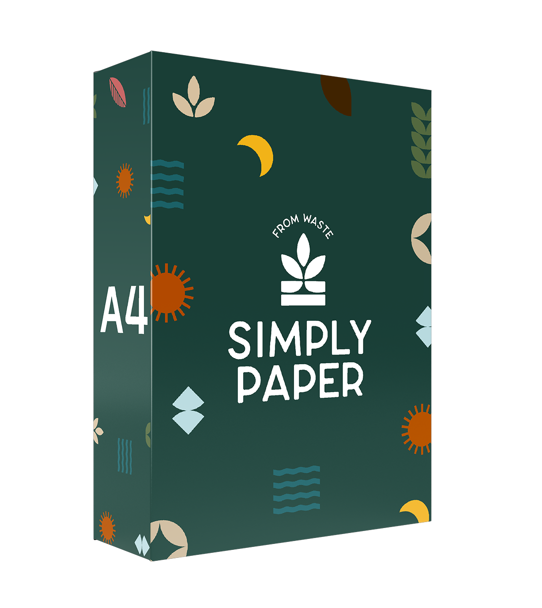 Box of Simply Paper, A4 size, green with decorative patterns and logo.