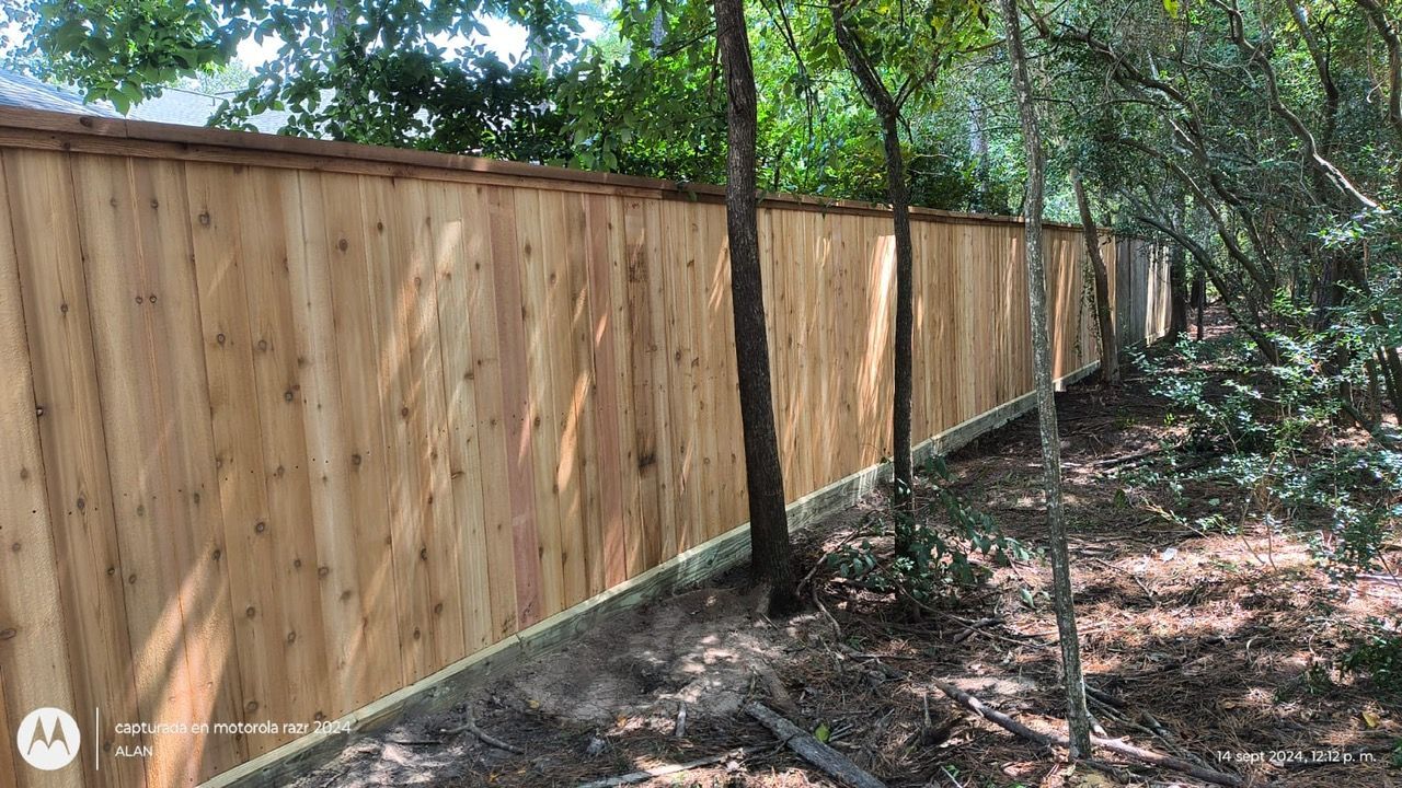 A wooden fence is surrounded by trees in a yard.