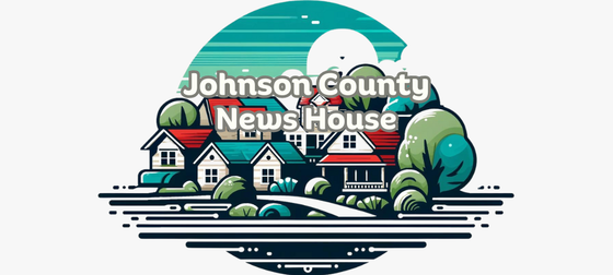 The logo for johnson county news house shows a row of houses with red roofs surrounded by trees.