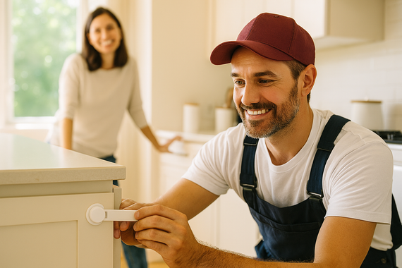 Man installing child safety lock in kitchen; woman watches.