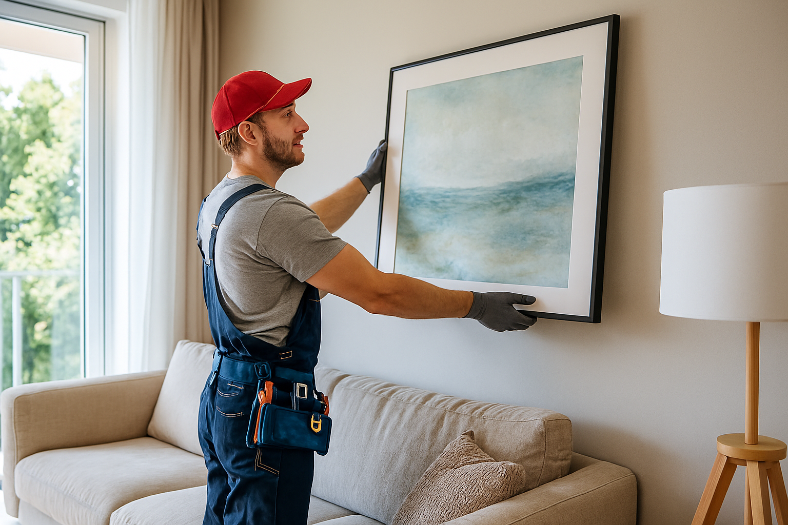 Person in overalls, cap, and gloves hanging framed artwork on a living room wall.