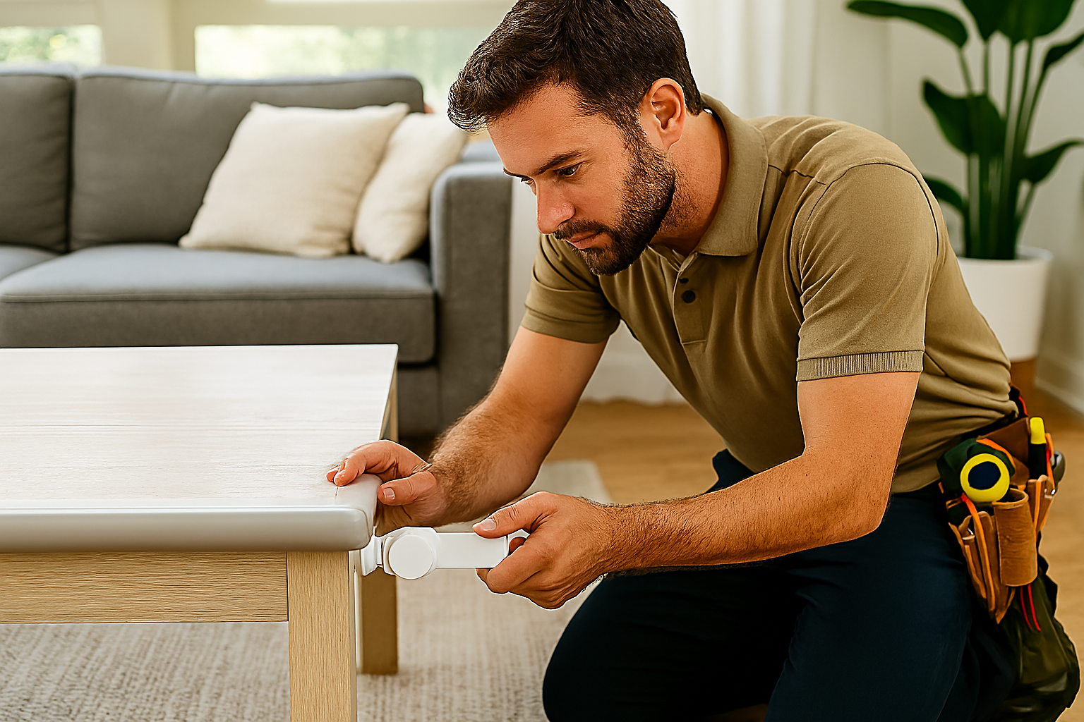 Man kneeling, attaching corner guards to a light wood coffee table in a living room.