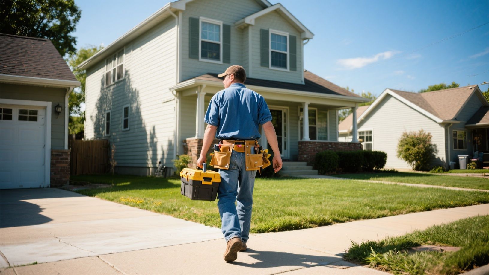 Handyman walking toward a house, carrying a toolbox and wearing a tool belt, sunny day.