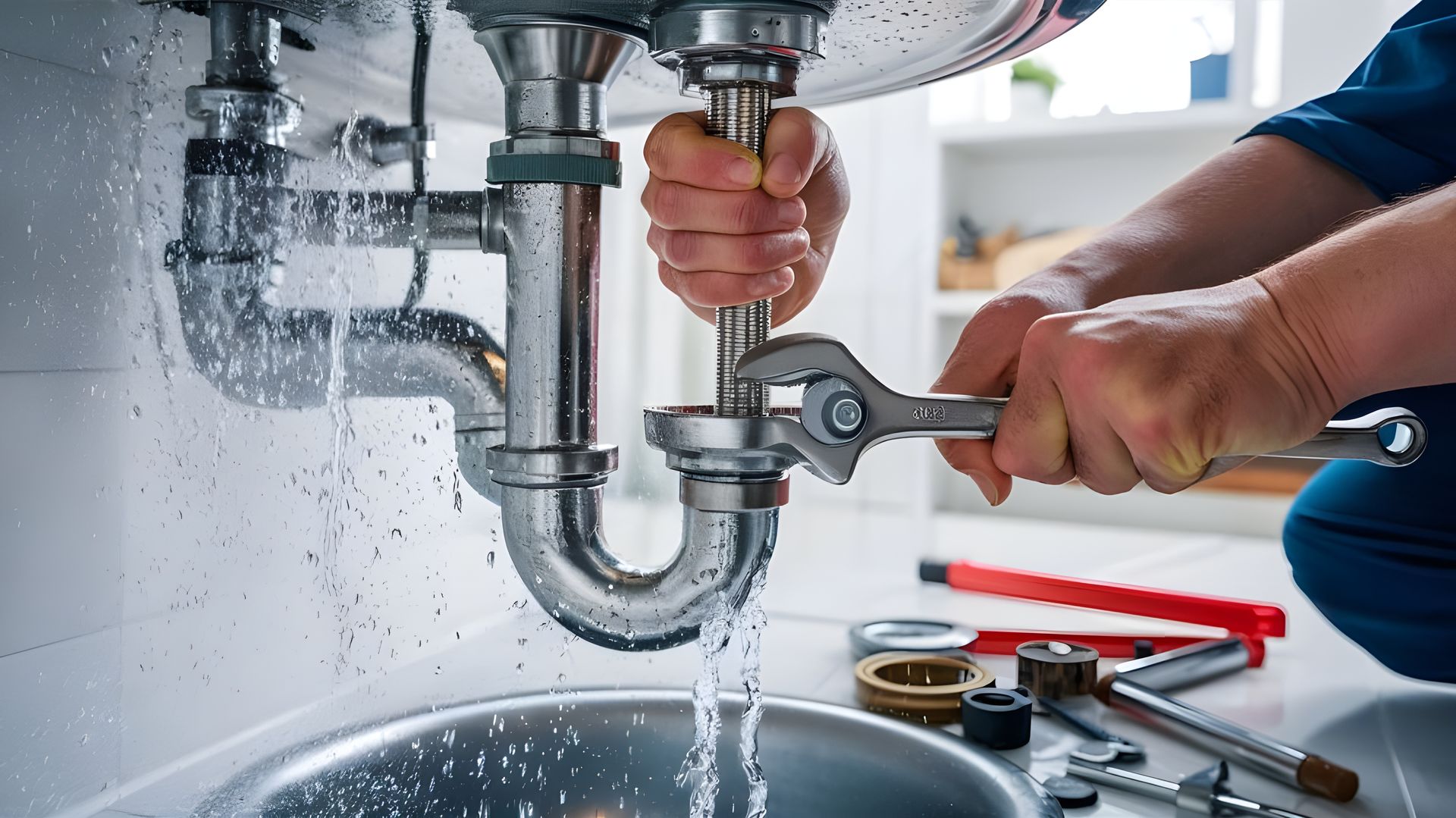 Plumber uses a wrench to tighten pipes under a sink; water leaks.