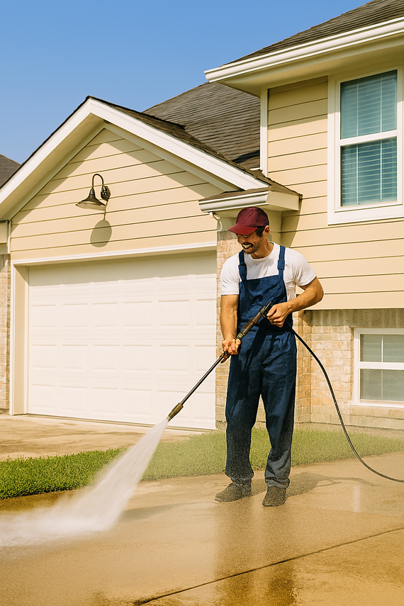 Man power washing a concrete driveway in front of a tan house with a white garage door.