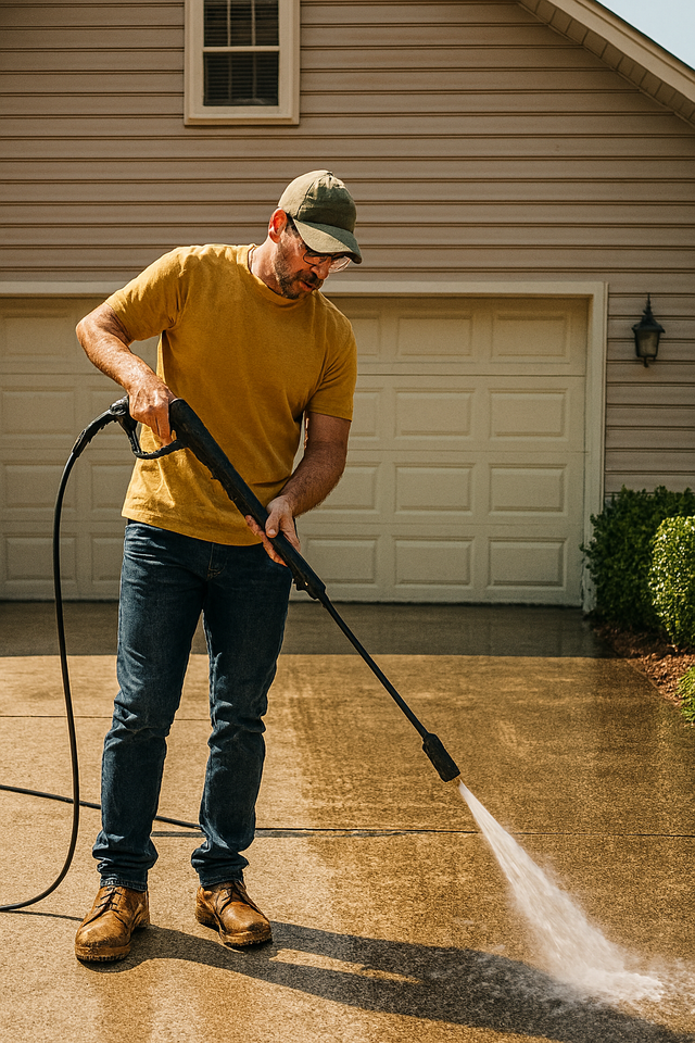 Man in yellow shirt power washing a driveway.