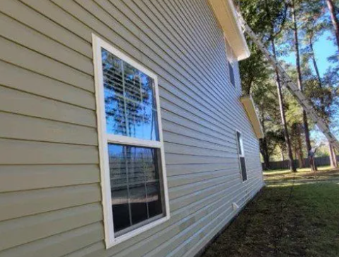 Side of a two-story house with green siding, white-framed windows, and a grassy yard. A ladder is propped against the roof.