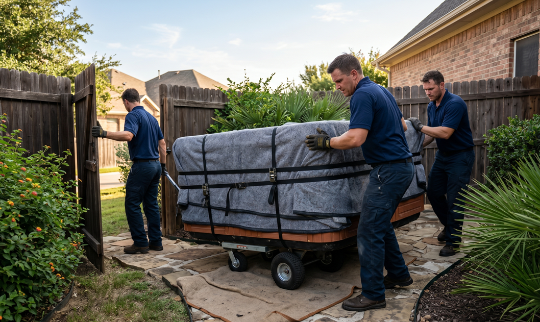 Affordable hot tub movers handling spa removal from suburban patio setup
