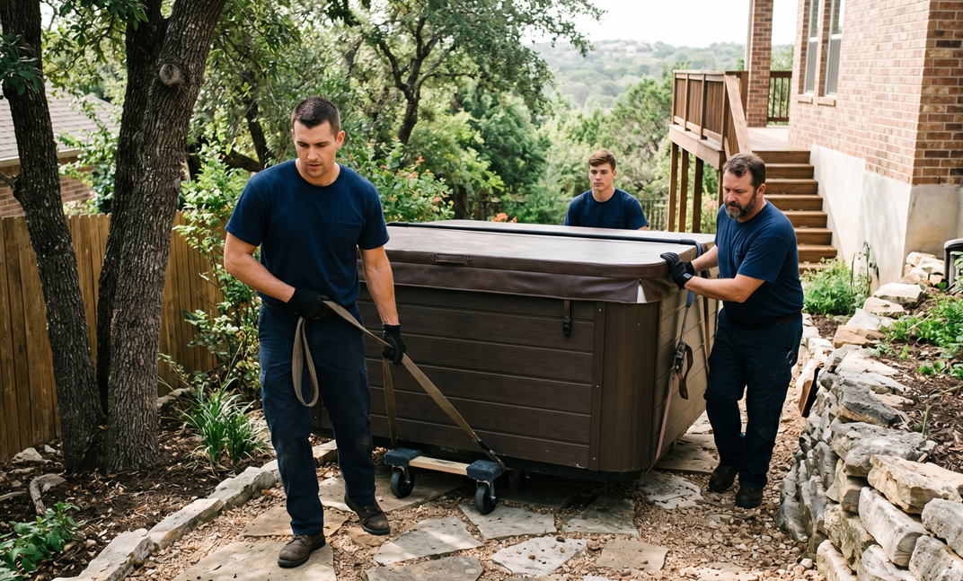 Team securing spa for safe lifting during backyard removal project

