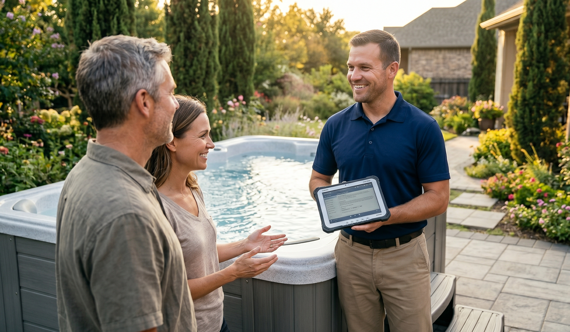 Hot tub movers using professional lifting equipment in Round Rock backyard