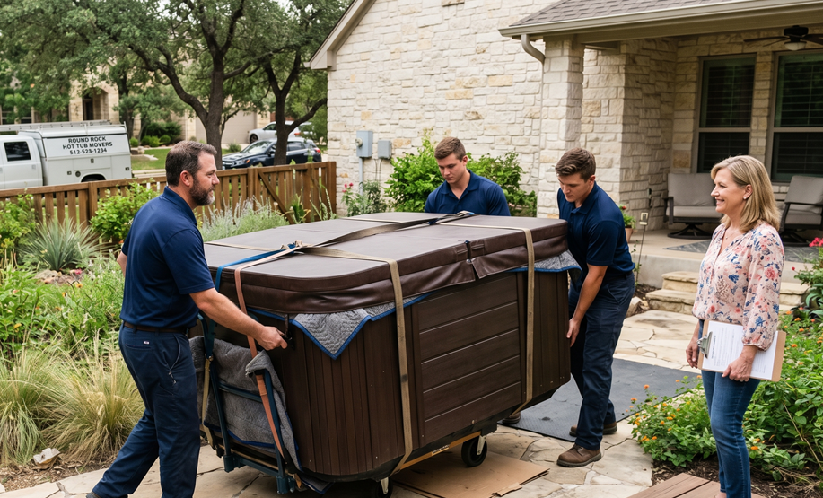 Hot tub moving equipment used to transport spa through narrow side yard
