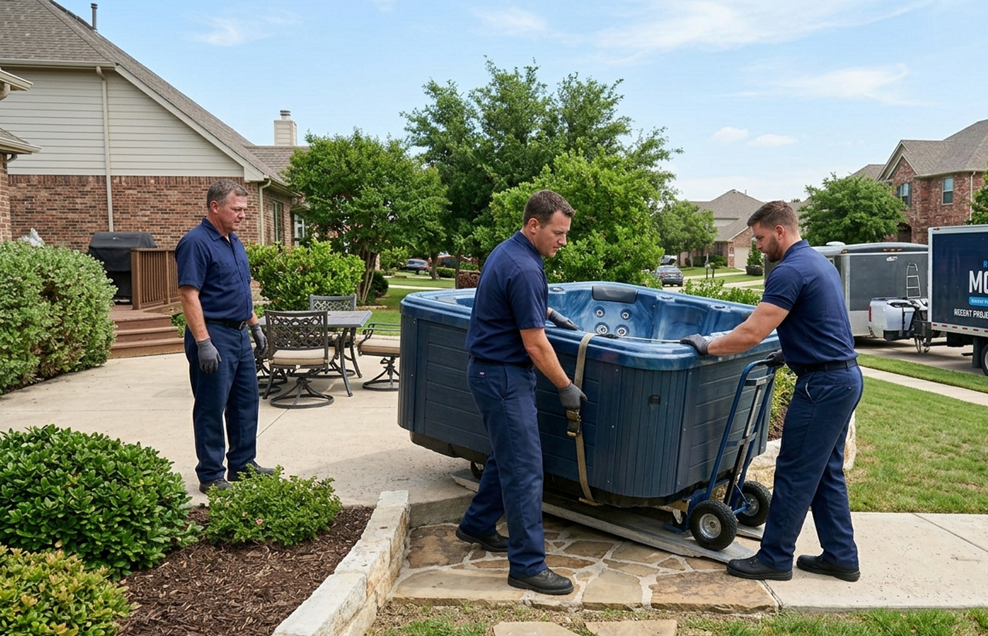 Hot tub transportation crew loading spa onto truck for haul away service

