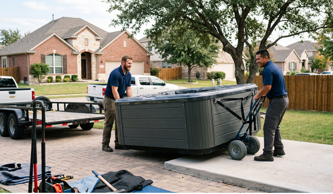 Cracked spa removal service with careful handling and debris cleanup

