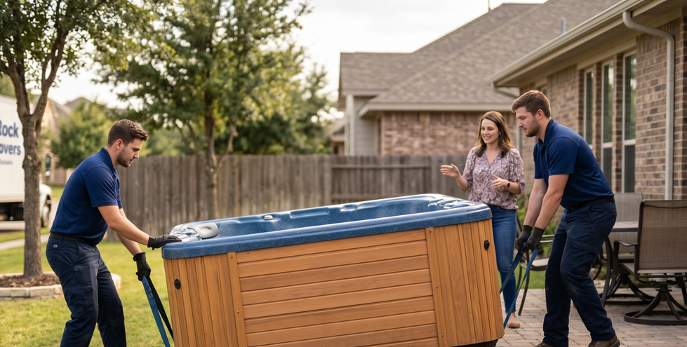 Hot tub movers Round Rock TX lifting spa from elevated deck structure
