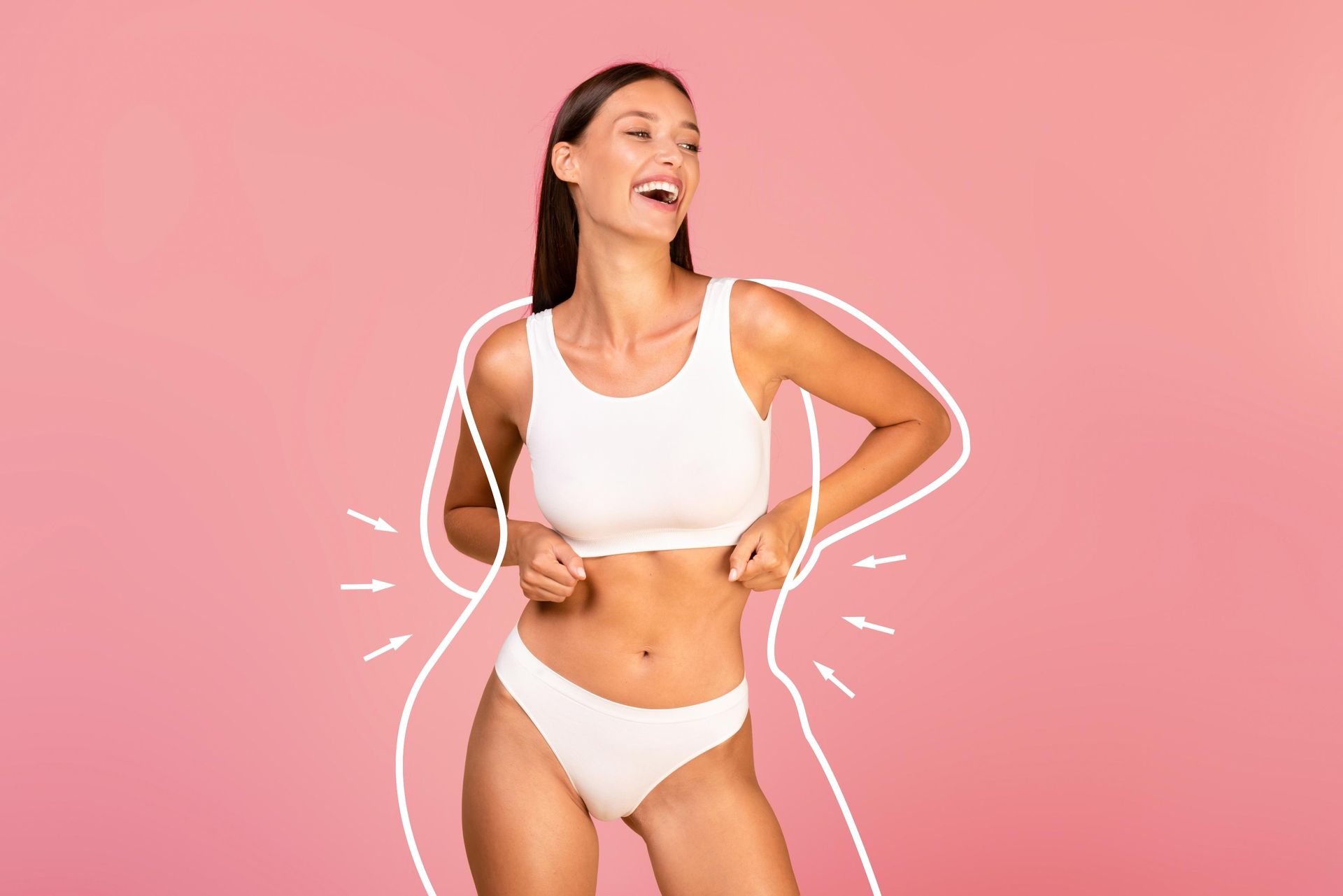 Woman in white sportswear posing against a pink background with hand-drawn white accent lines.