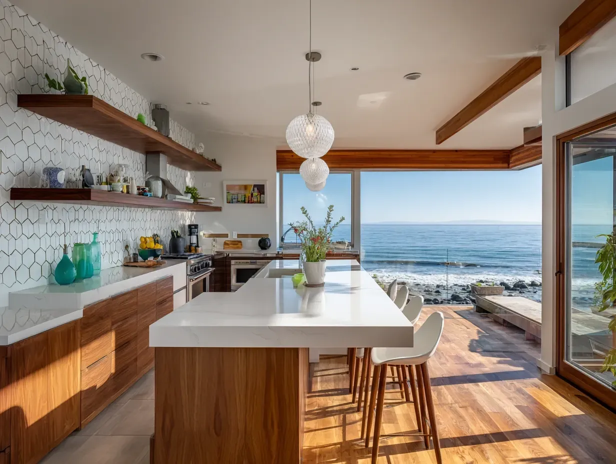 Modern kitchen with ocean view, featuring wood cabinetry, white countertops, and pendant lights.